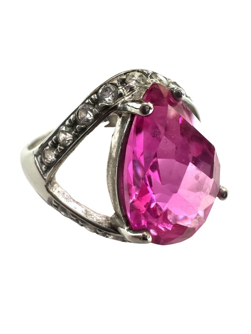 Sterling Silver Pear-Cut Pink Sapphire Ring With Accent Crystals Size 8.5